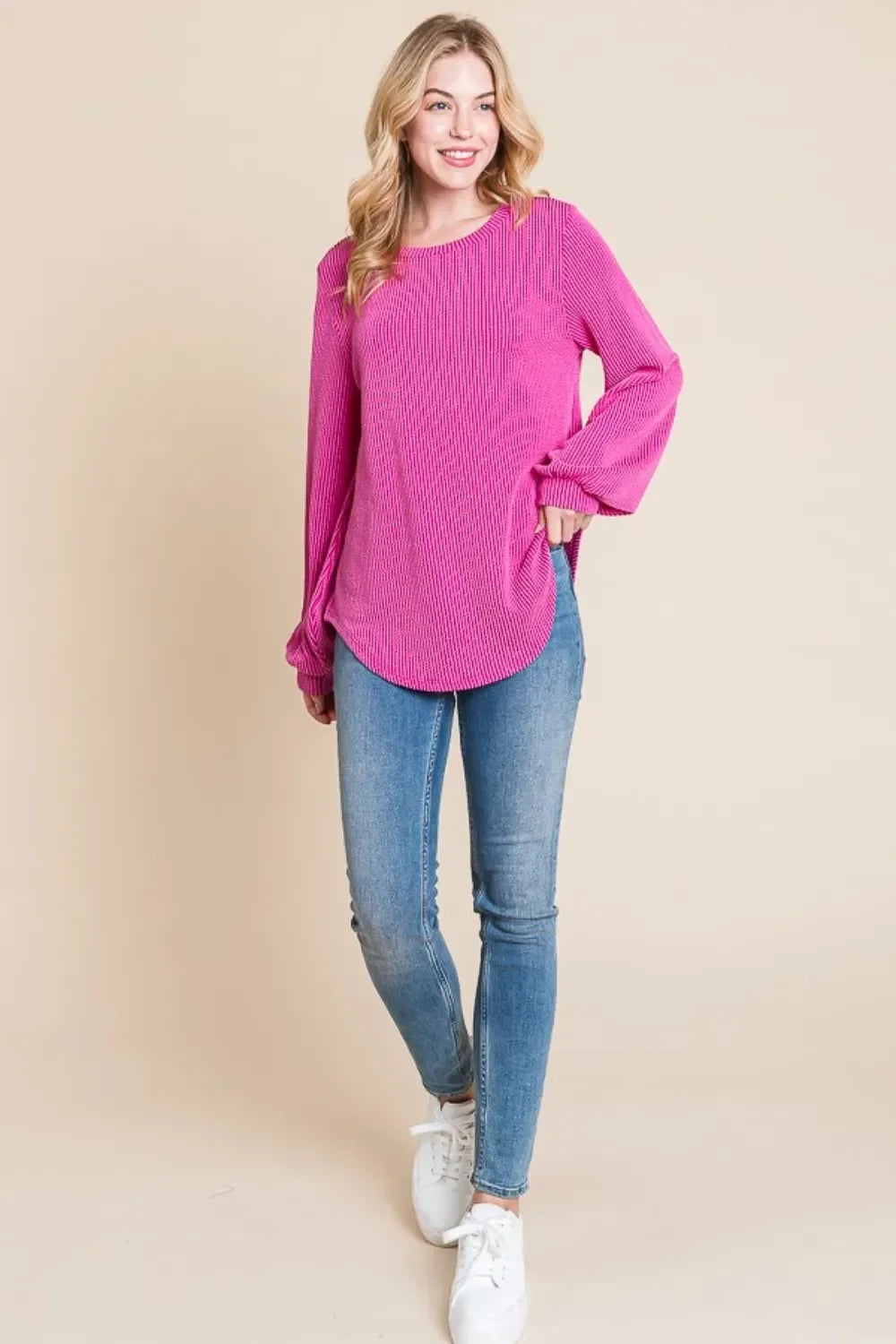 BOMBOM Long Sleeve Curved Hem Ribbed T-Shirt - DAVERRI FASHIONS