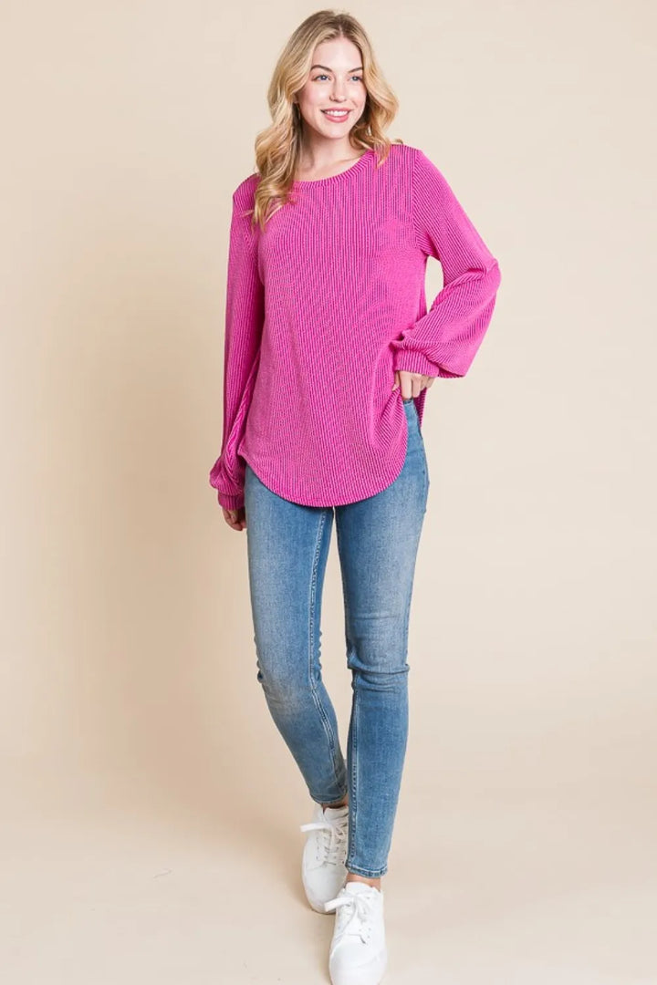 BOMBOM Long Sleeve Curved Hem Ribbed T-Shirt | T-Shirts Daverri Fashions
