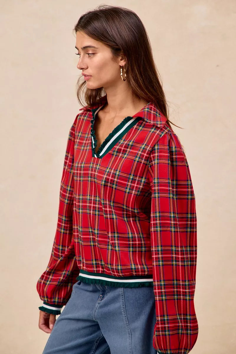 BiBi Christmas plaid collared top with red flannel, hood and ruffles
