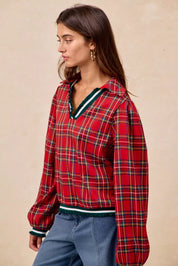 BiBi Christmas plaid collared top with red flannel, hood and ruffles