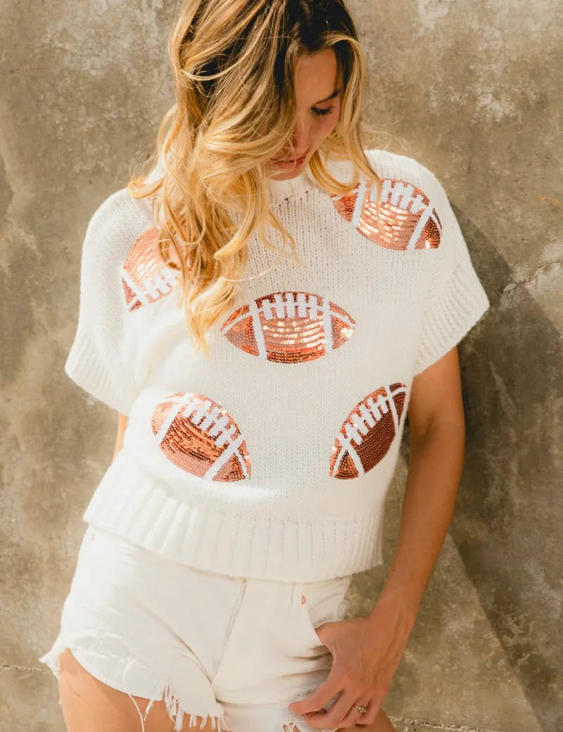 BiBi Gameday Sequin Football Patches Rib Banded Sweater | Sweaters Daverri Fashions