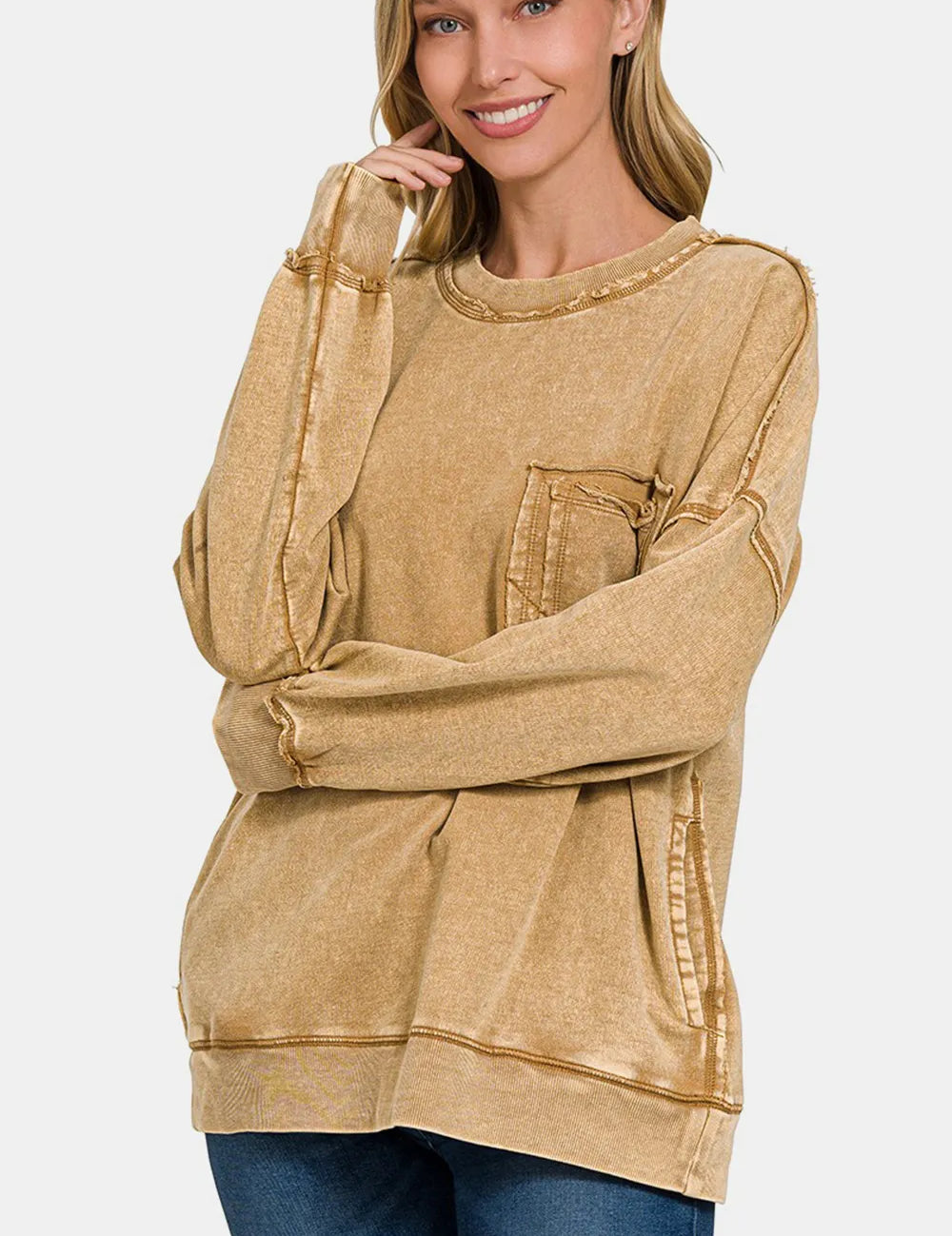 Camel Zenana Exposed Seam Round Neck Dropped Shoulder Sweatshirt | Sweatshirts Daverri Fashions