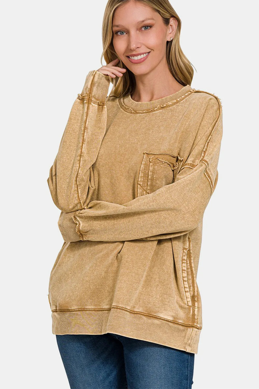 Zenana Exposed Seam Round Neck Dropped Shoulder Sweatshirt Camel Sweatshirts