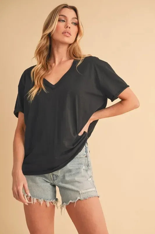Aemi+Co V-Neck Short Sleeve T-Shirt - DAVERRI FASHIONS