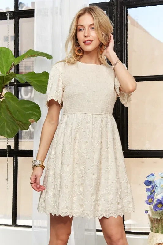 ADORA Rround Neck Crinkle Babydoll Dress Mini Dresses