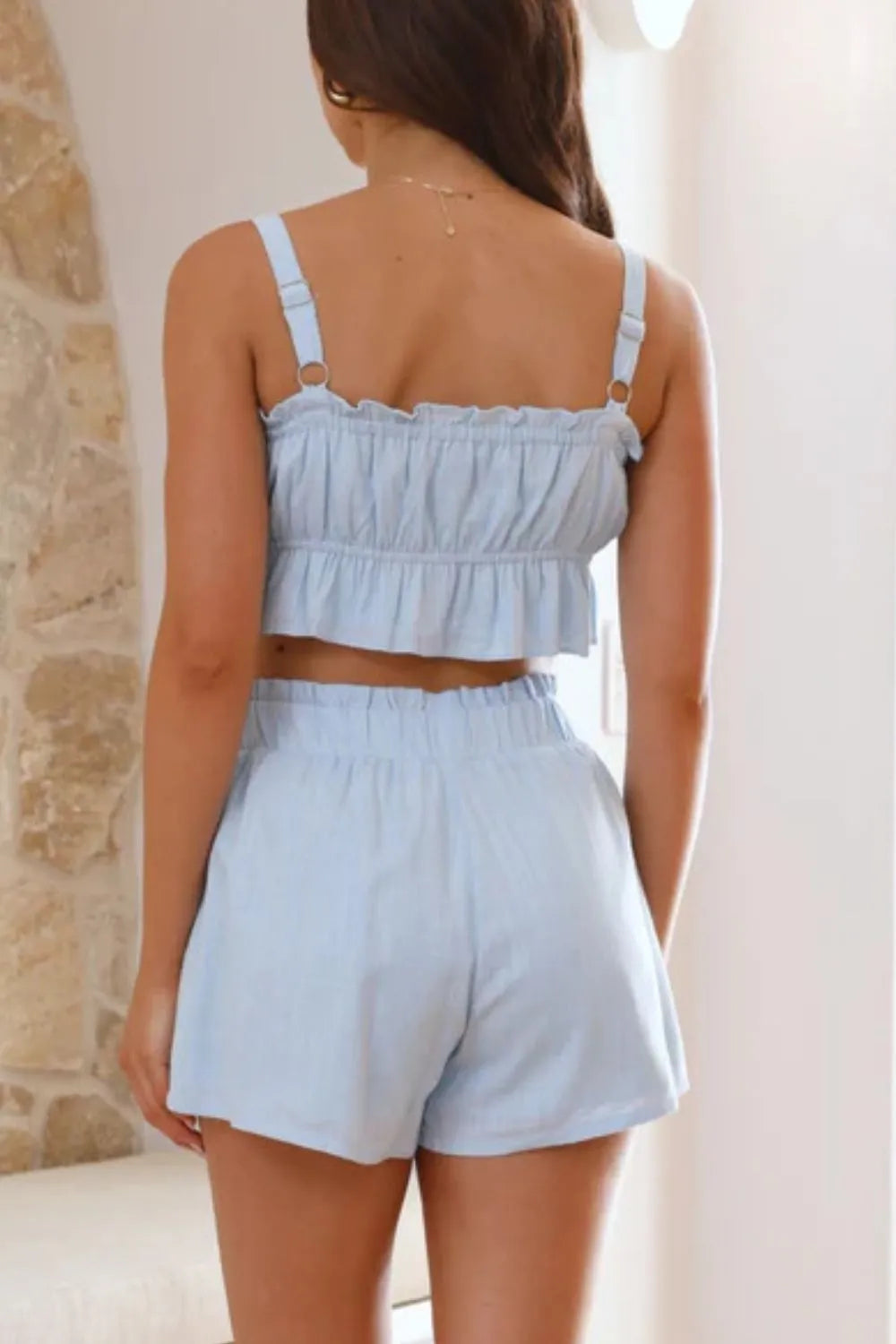 Daverri light blue ruffled square neck cami and high-waisted shorts set