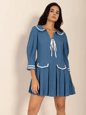 Tie Front Pleated Three-Quarter Sleeve Mini Dress | Daverri Fashions