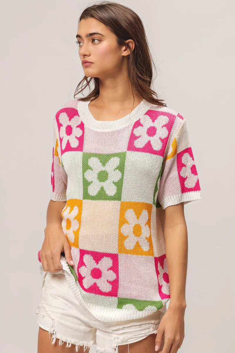 BiBi Flower Checker Pattern Lightweight Sweater Top | Sweaters Daverri Fashions