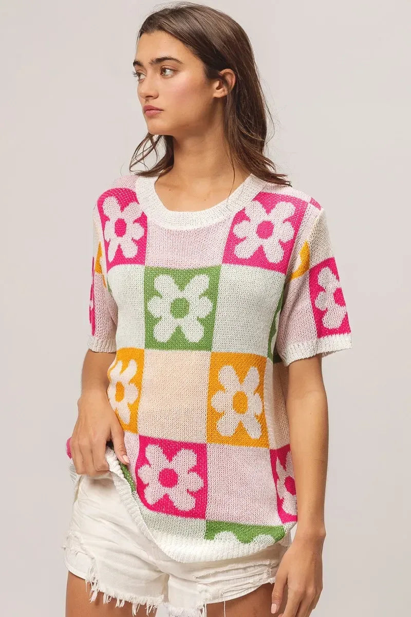 BiBi Flower Checker Pattern Lightweight Sweater Top - DAVERRI FASHIONS