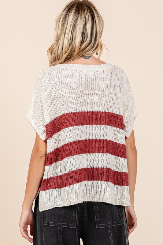 Mittoshop Contrast Striped Round Neck Short Sleeve Sweater