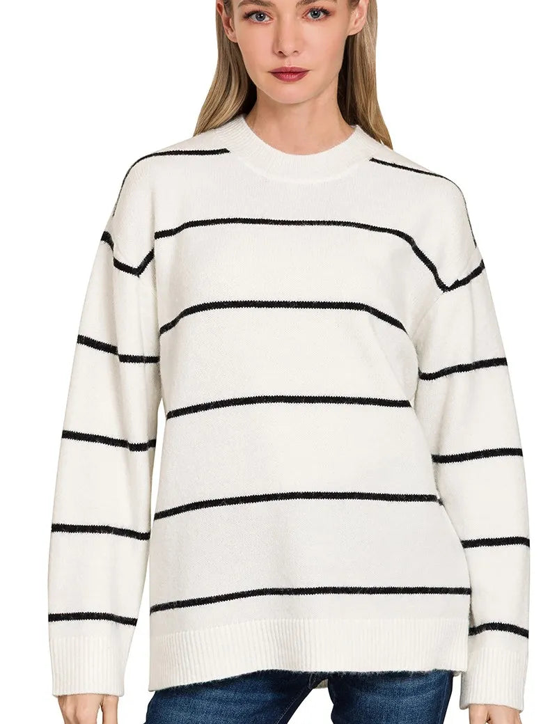 IVORY BLACK Zenana Round Neck Stripe Sweater | Sweaters Daverri Fashions