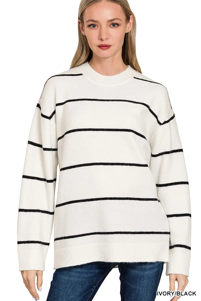 Zenana Round Neck Stripe Sweater IVORY BLACK Sweaters
