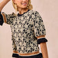 BiBi Textured Rose Knit Top with Black and Cream Floral Design