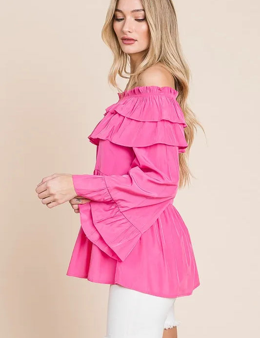 Lime 'N' Chili Ruffled Trumpet Sleeve Off-The-Shoulder Top | Tops Daverri Fashions