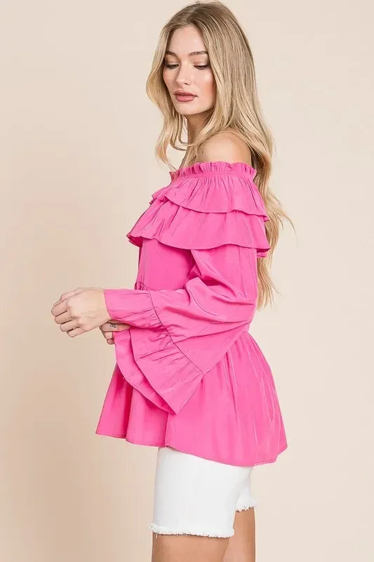 Lime 'N' Chili Ruffled Trumpet Sleeve Off-The-Shoulder Top - DAVERRI FASHIONS