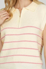 She + Sky Ribbed Hem Pink Striped Half Zip Sweater Vest | Sweaters Daverri Fashions