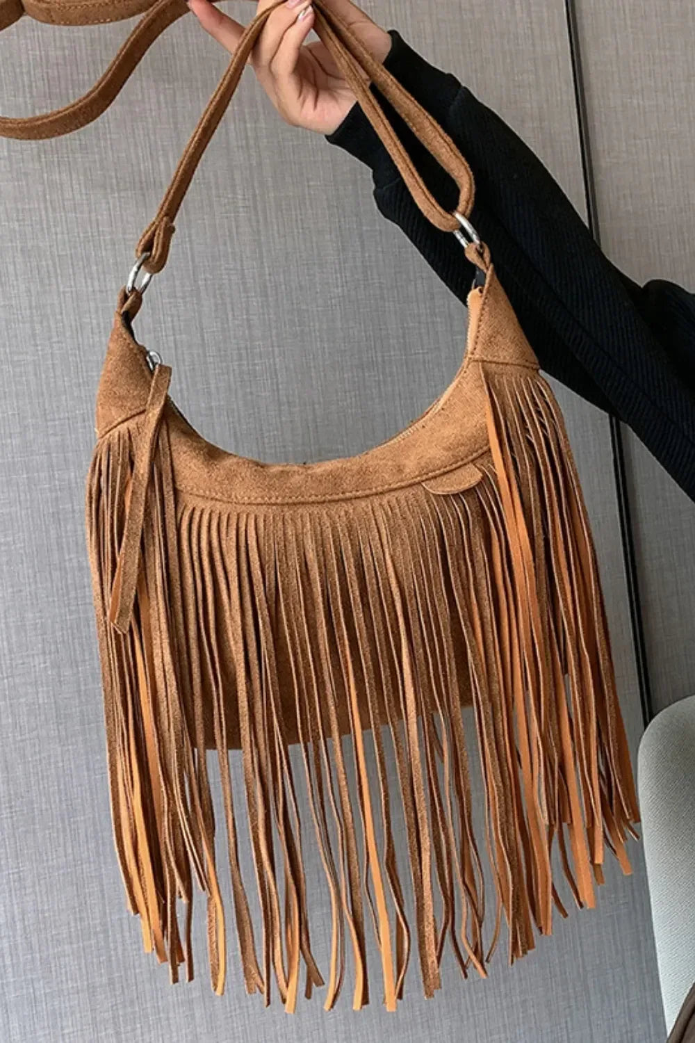 Suede Fringe Adjustable Strap Shoulder Bag - DAVERRI FASHIONS