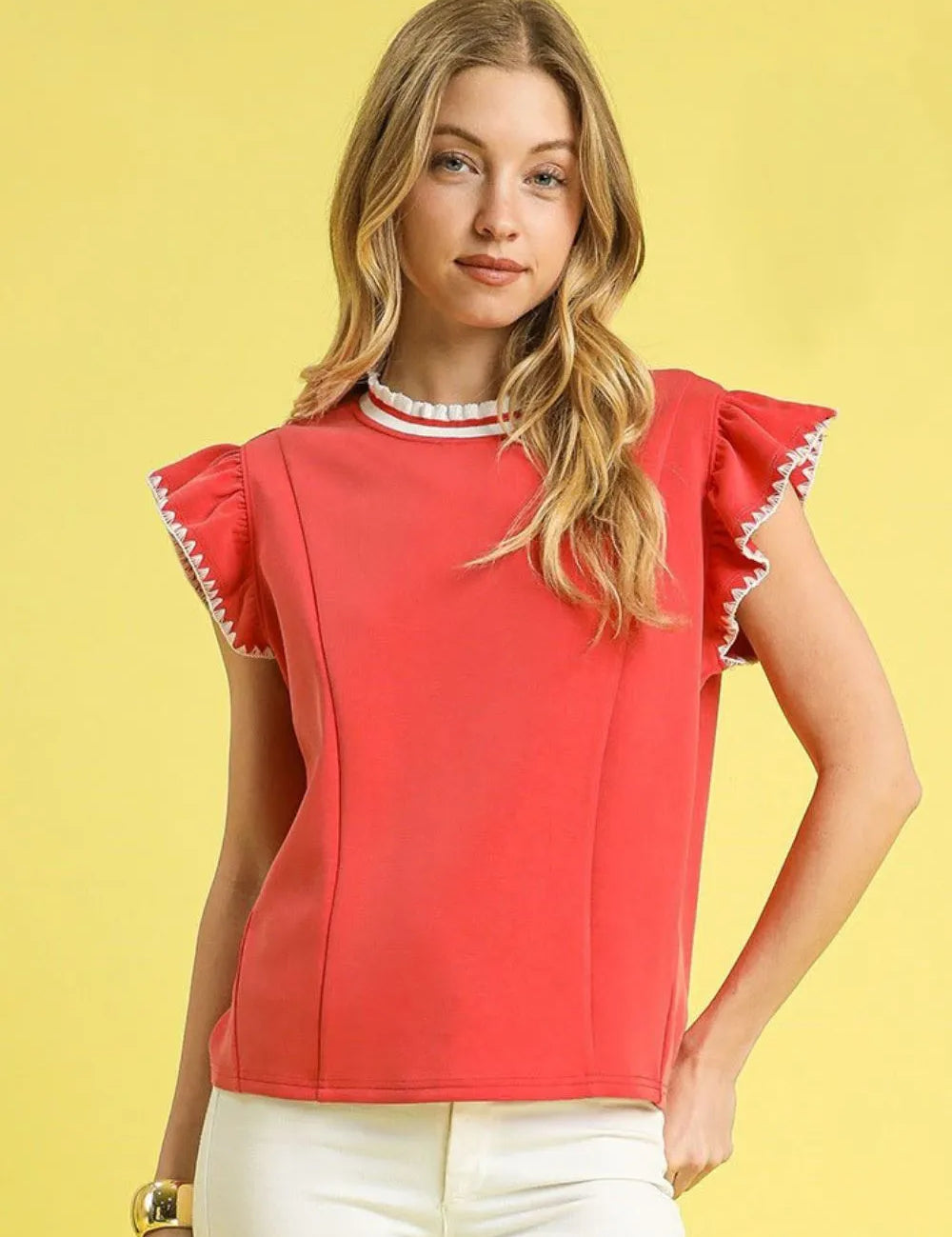 Red Umgee Contrast Trim Ruffle Cap Sleeve Blouse | Daverri Fashions