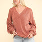 VERY J Two Tone Ribbed V-Neck Exposed Seam Top Cedar Wood S Tops