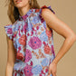 Umgee Full Size Floral Print Ruffled Cap Sleeve Blouse Plus Size Light Blue XL Blouses