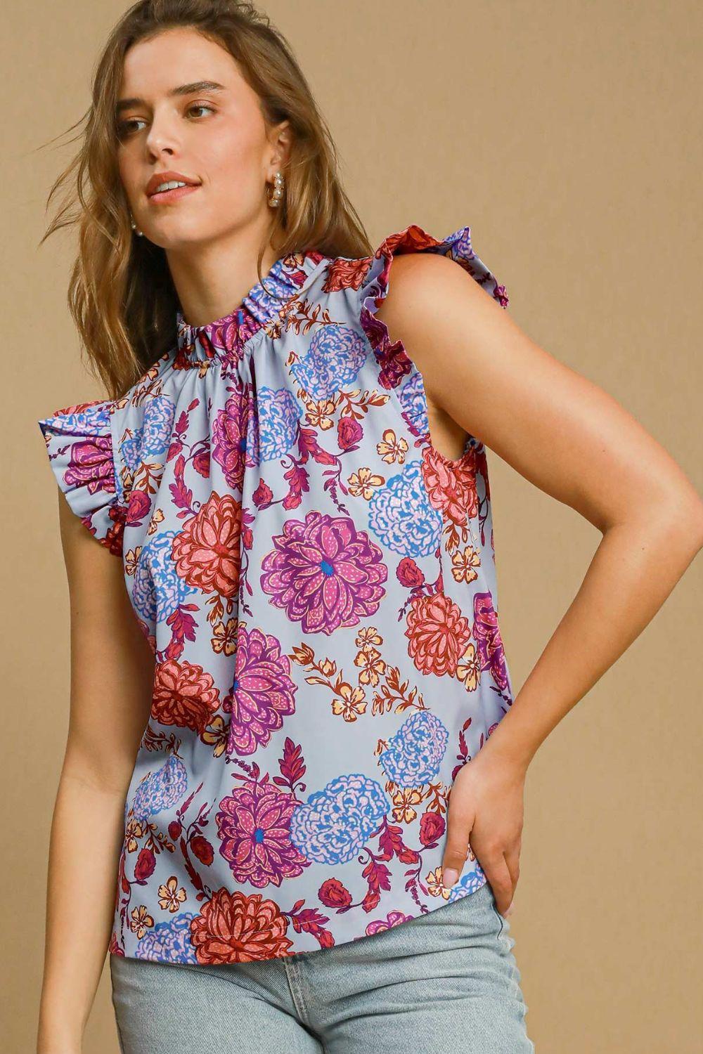 Umgee Full Size Floral Print Ruffled Cap Sleeve Blouse Plus Size Light Blue XL Blouses