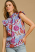 Umgee Full Size Floral Print Ruffled Cap Sleeve Blouse Plus Size Light Blue XL Blouses