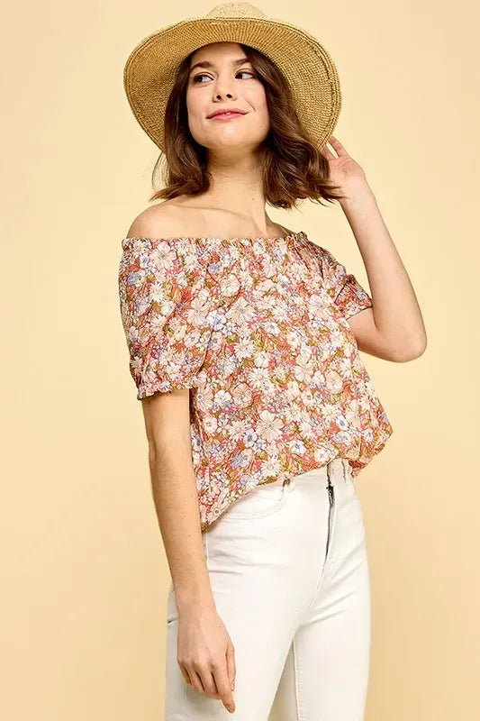 Lime 'N' Chili Floral Print Short Sleeve Off-The-Shoulder Blouse - DAVERRI FASHIONS