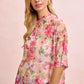 BiBi floral print short sleeve boxy mesh top in sheer pink with high neckline