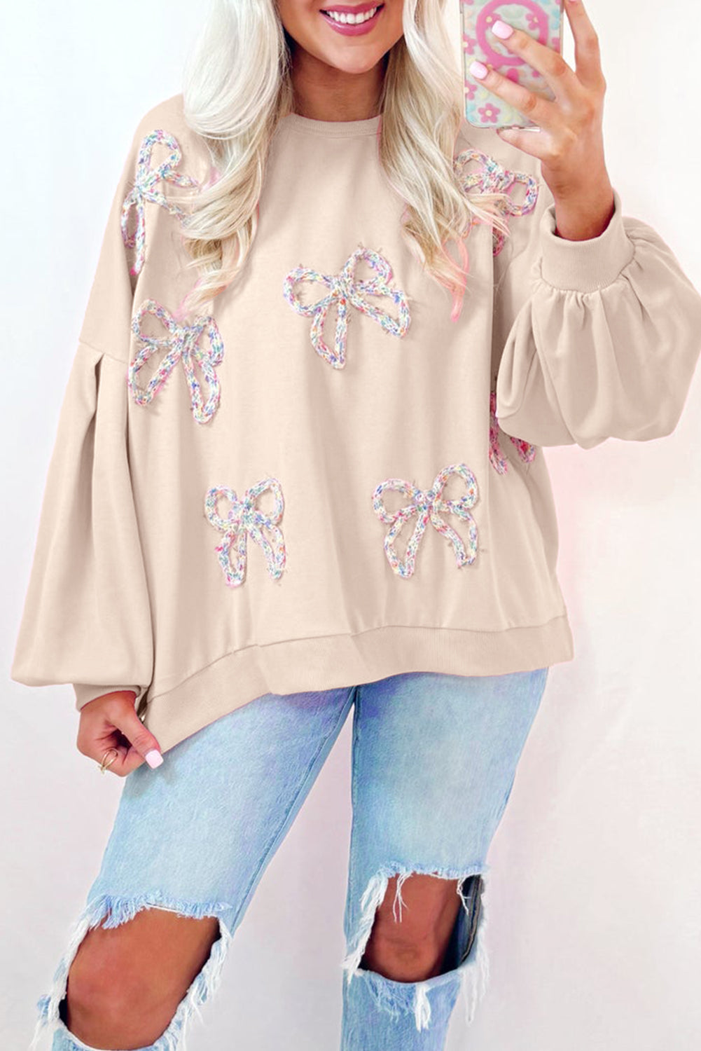 Parchment 65%Polyester+35%Cotton Embroidered Bow Lantern Sleeve Oversized Pullover Sweatshirt | Tops/Sweatshirts & Hoodies Daverri Fashions