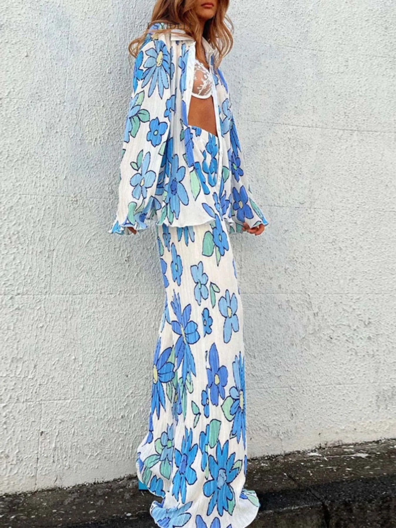 Printed Button Up Shirt and Pants Set | Loungewear Sets Daverri Fashions