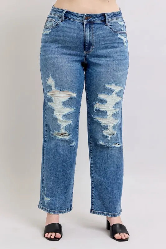 Judy Blue Full Size High Waist Heavy Destroy Straight Jeans Plus Size