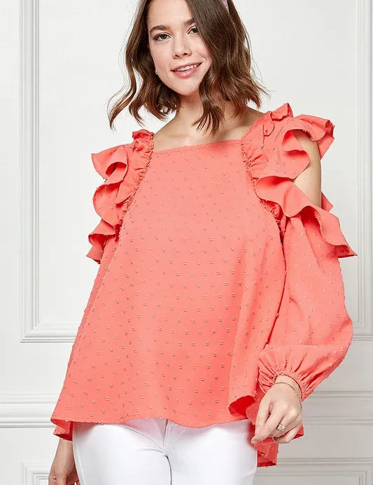 CORAL Lime 'N' Chili Ruffle Trim Cold Shoulder Swiss Dot Blouse | Daverri Fashions