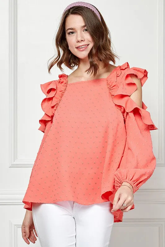 Lime 'N' Chili Ruffle Trim Cold Shoulder Swiss Dot Blouse CORAL
