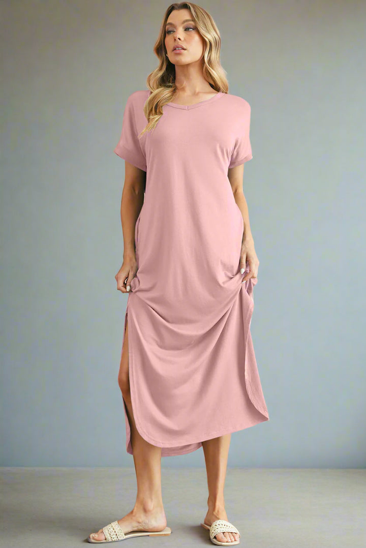 Pink Solid Color Hidden Pocket V Neck Slit Maxi Dress Pink Maxi Dresses