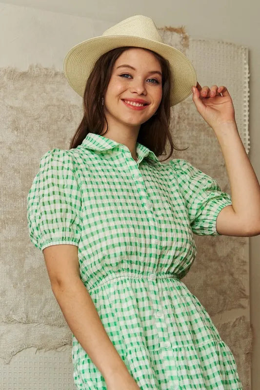Davi & Dani Checkered Puff Sleeve Tiered Shirt Dress | Knee Length Dresses Daverri Fashions
