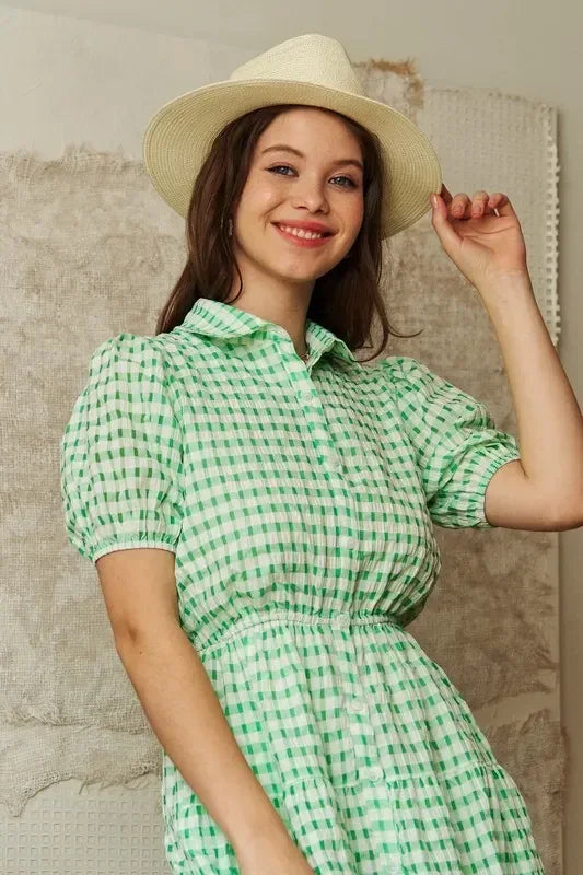 Davi & Dani Checkered Puff Sleeve Tiered Shirt Dress - DAVERRI FASHIONS