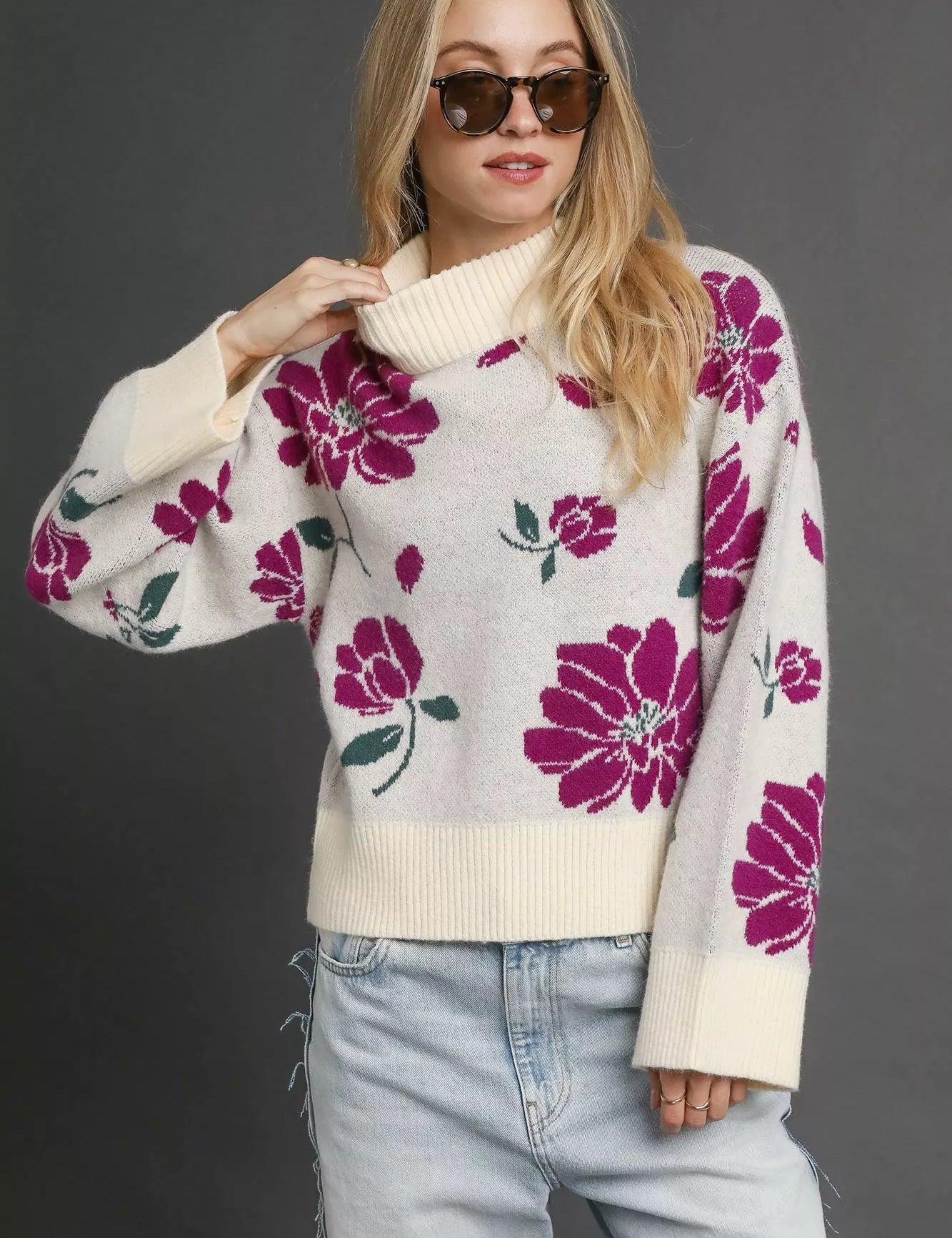 CREAM MIX Umgee Floral Patterned Mock Neck Sweater | Sweaters Daverri Fashions