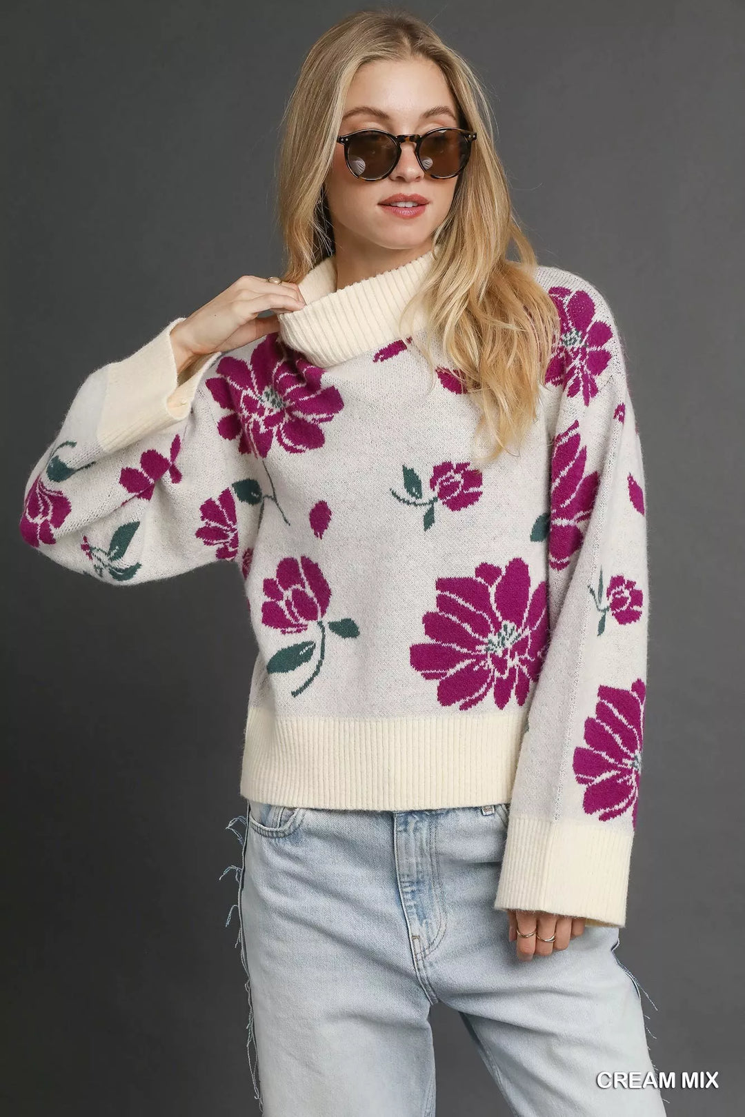 CREAM MIX Umgee Floral Patterned Mock Neck Sweater | Sweaters Daverri Fashions