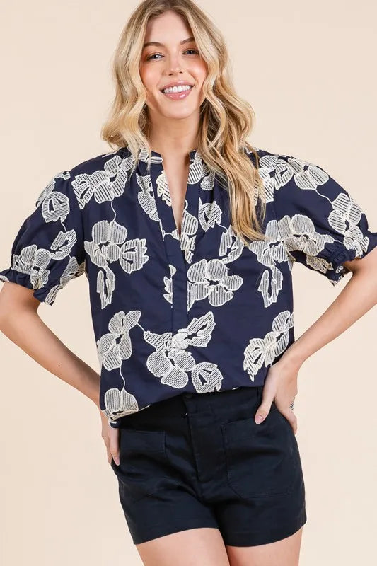 Lime 'N' Chili Embroidered Split Neck Puff Sleeve Blouse
