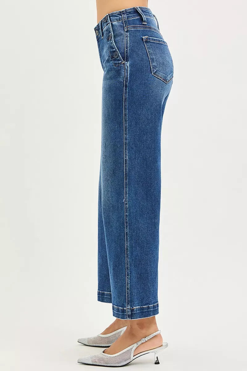 RISEN high-rise wide-leg blue denim jeans with rolled cuffs