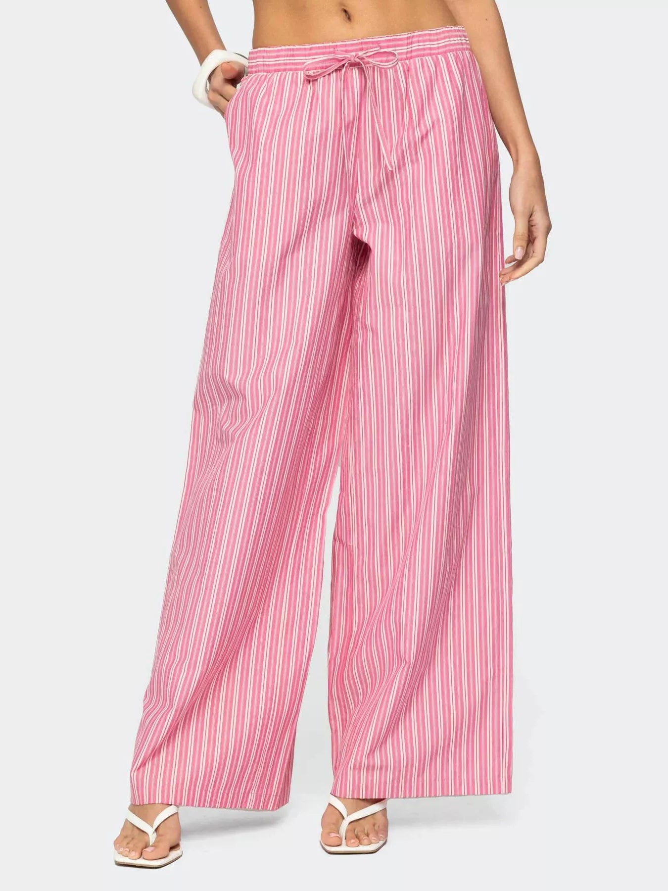 Pink and white striped wide leg drawstring pants