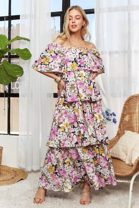 ADORA Layered Floral Off-Shoulder Short Sleeve Maxi Dress Mauve