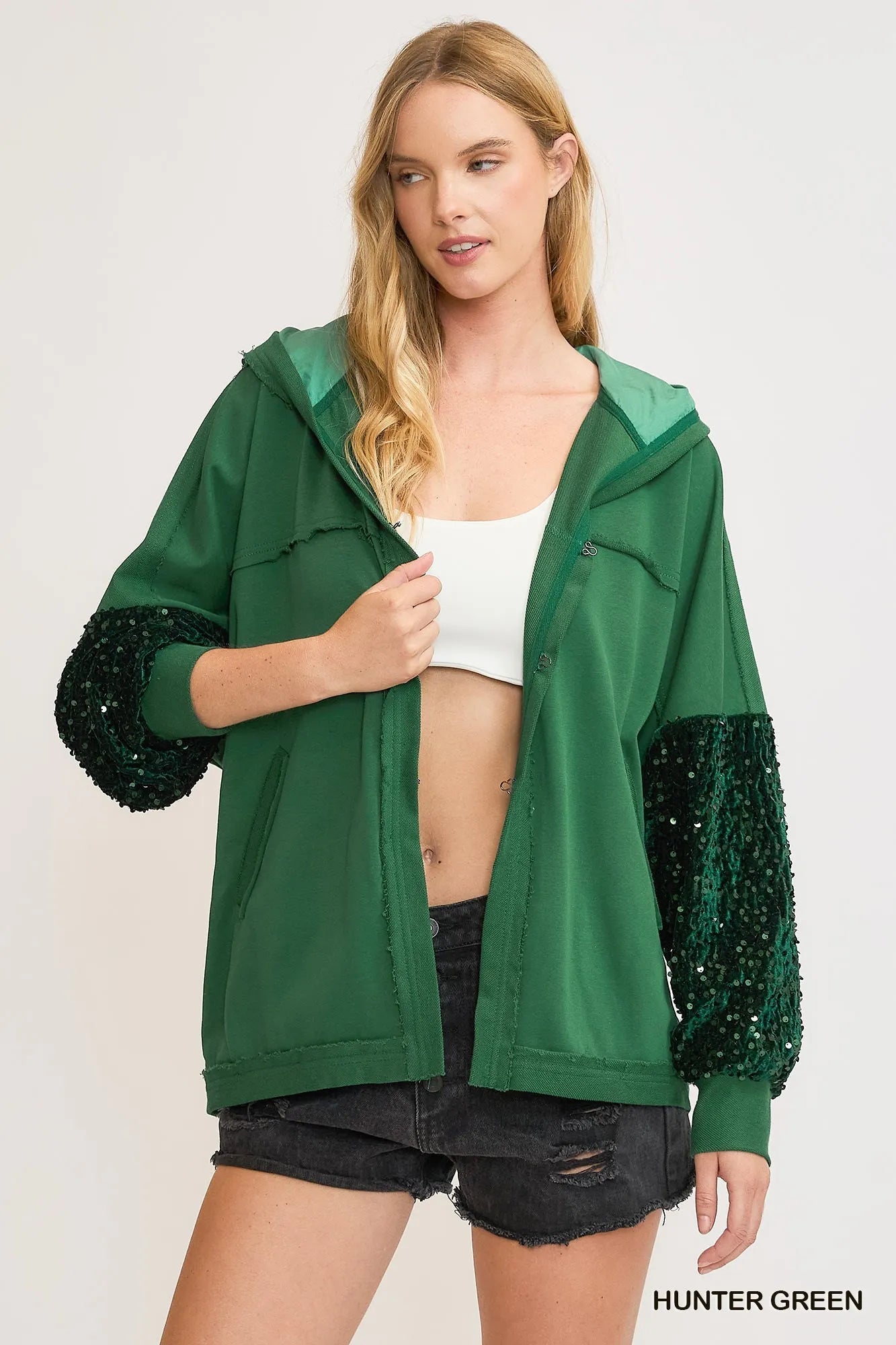 Umgee Sequined French Terry Jacket HUNTER GREEN