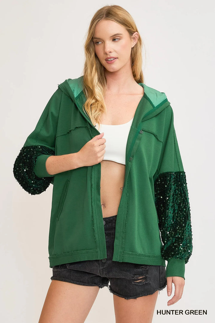 Umgee Sequined French Terry Jacket HUNTER GREEN