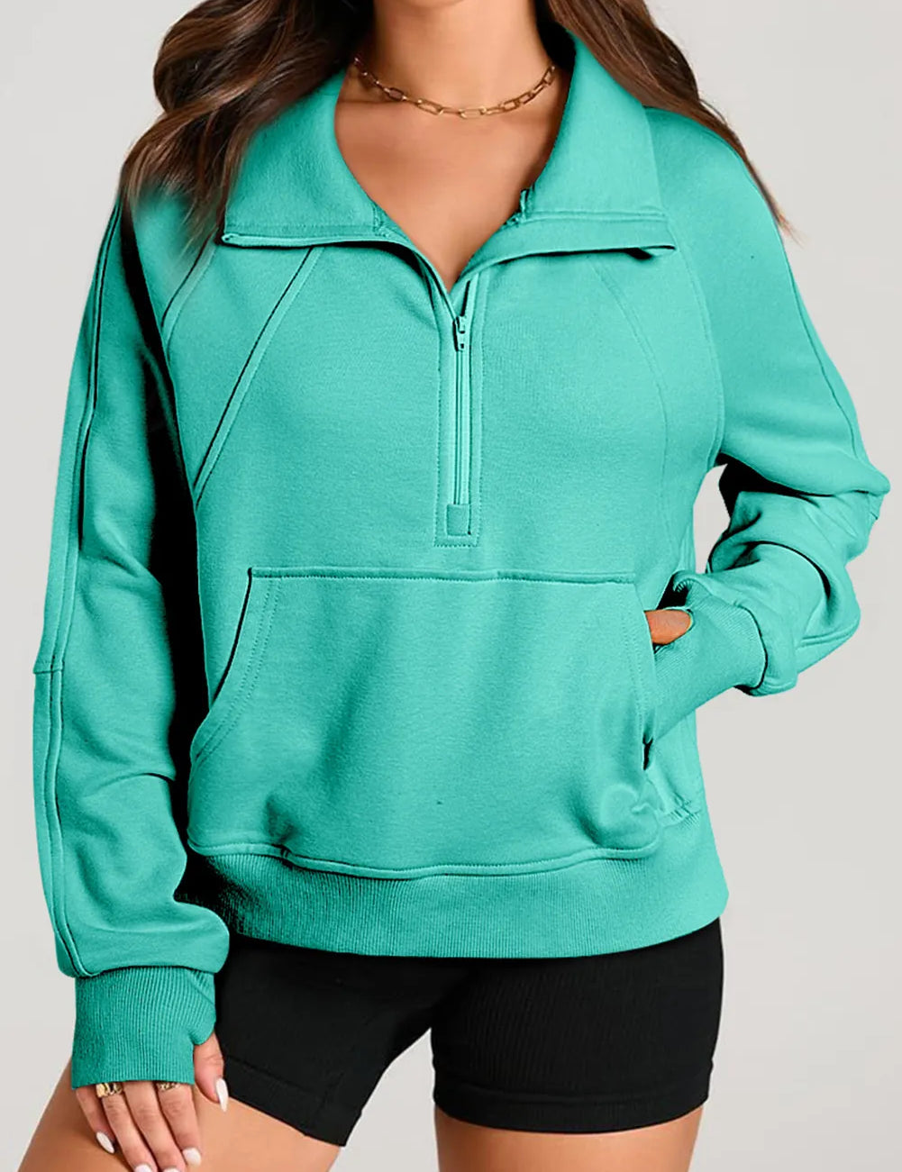 Turquoise Half Zip Long Sleeve Sweatshirt | Sweatshirts Daverri Fashions
