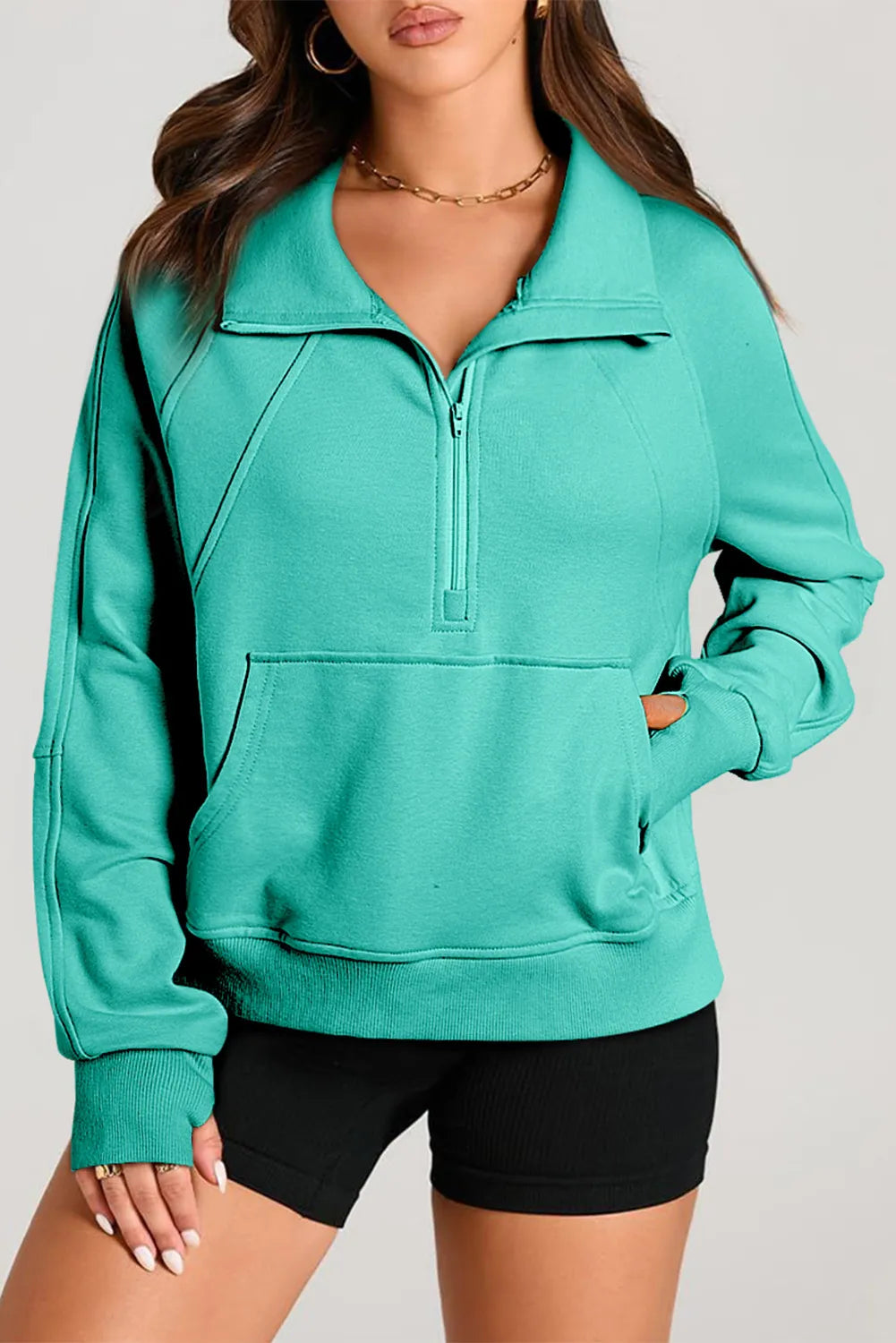 Turquoise Half Zip Long Sleeve Sweatshirt | Sweatshirts Daverri Fashions