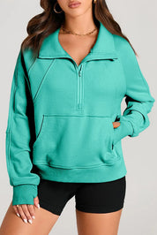Turquoise Half Zip Long Sleeve Sweatshirt | Sweatshirts Daverri Fashions