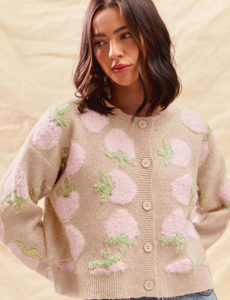 OATMEAL SO ME Strawberry Fruit All Over Button Sweater Cardigan | Cardigans Daverri Fashions