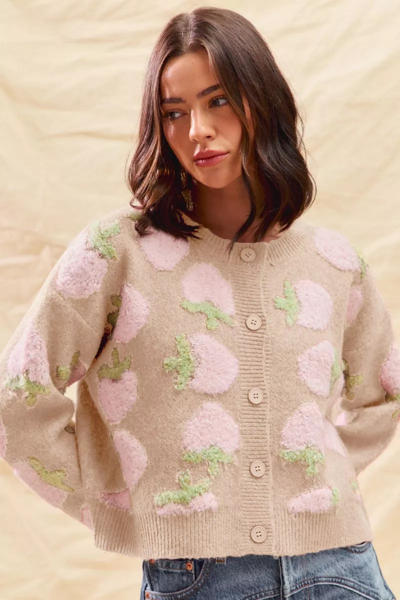 OATMEAL SO ME Strawberry Fruit All Over Button Sweater Cardigan | Cardigans Daverri Fashions