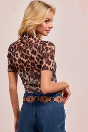 BiBi High Neck Leopard Mesh Short Sleeves Top | Tops Daverri Fashions